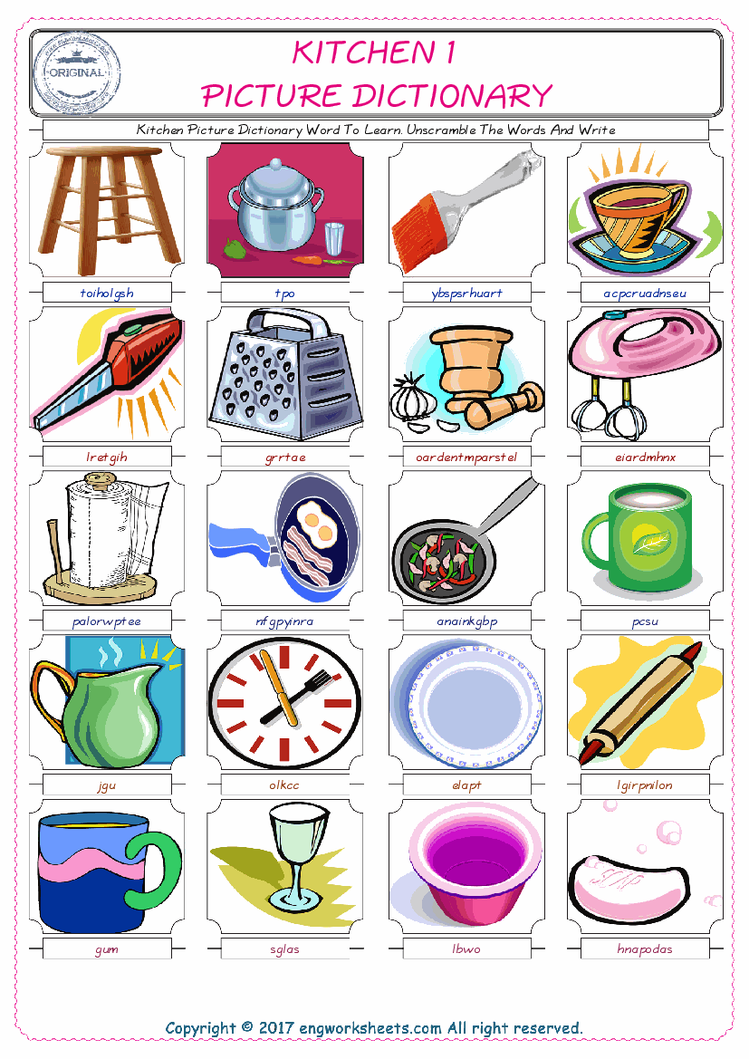  Kitchen ESL Worksheets For kids, the exercise worksheet of finding the words given complexly and supplying the correct one. 